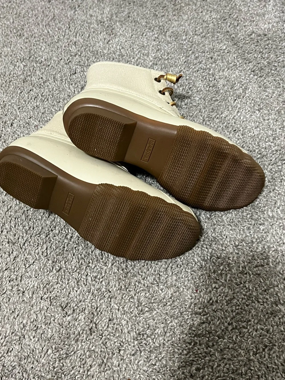 Sperry Cream Canvas & Tan Rubber Duck Boots